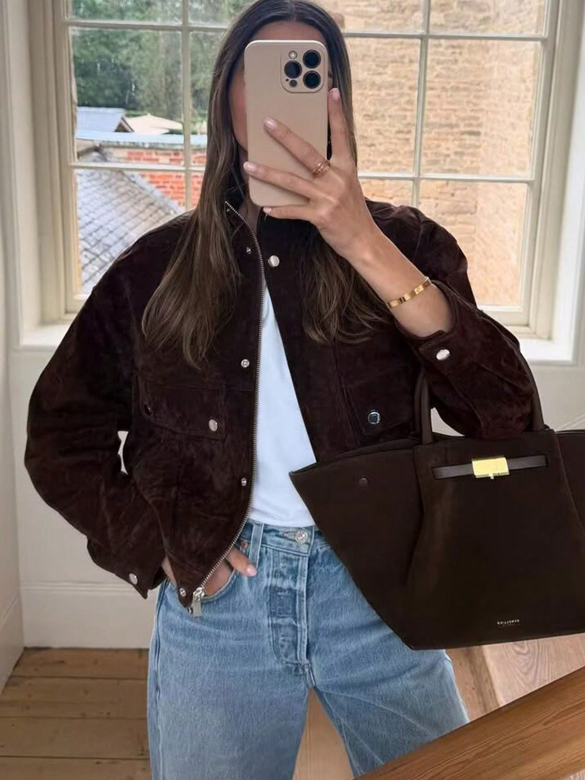 [WHOLESALE ONLY - CONTACT TO ORDER] Women's Cropped Heavyweight Cotton Blend Faux Suede Stand Collar Bomber Jacket with Flap Pockets (Chocolate Brown) [AW-447]