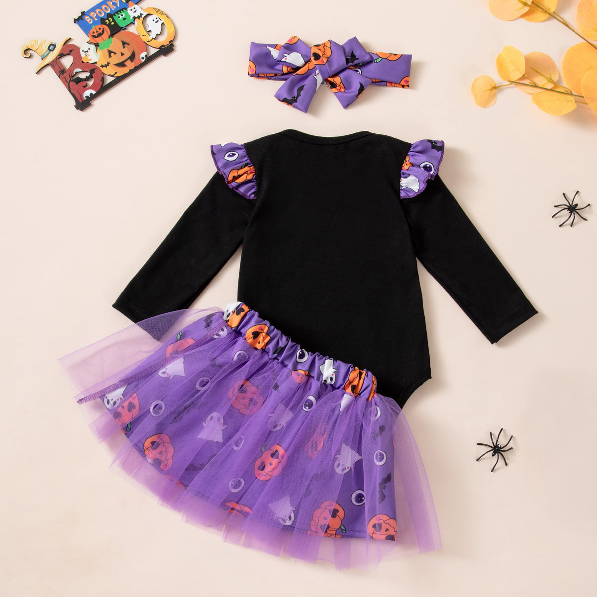 [WHOLESALE ONLY - CONTACT TO ORDER] Baby Girls 95% Combed Cotton Ruffle Long Sleeve "My 1st Halloween" Bodysuit & Purple Tulle Tutu Skirt 3-Piece Set with Headband (Black & Purple) [KW-229]