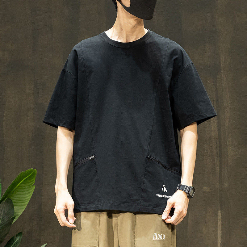 [WHOLESALE ONLY - CONTACT TO ORDER] Men's Techwear Gorpcore Quick-Dry Drop-Shoulder T-Shirt with Dual Zipper Pockets (Obsidian Jet Black) [AW-326]