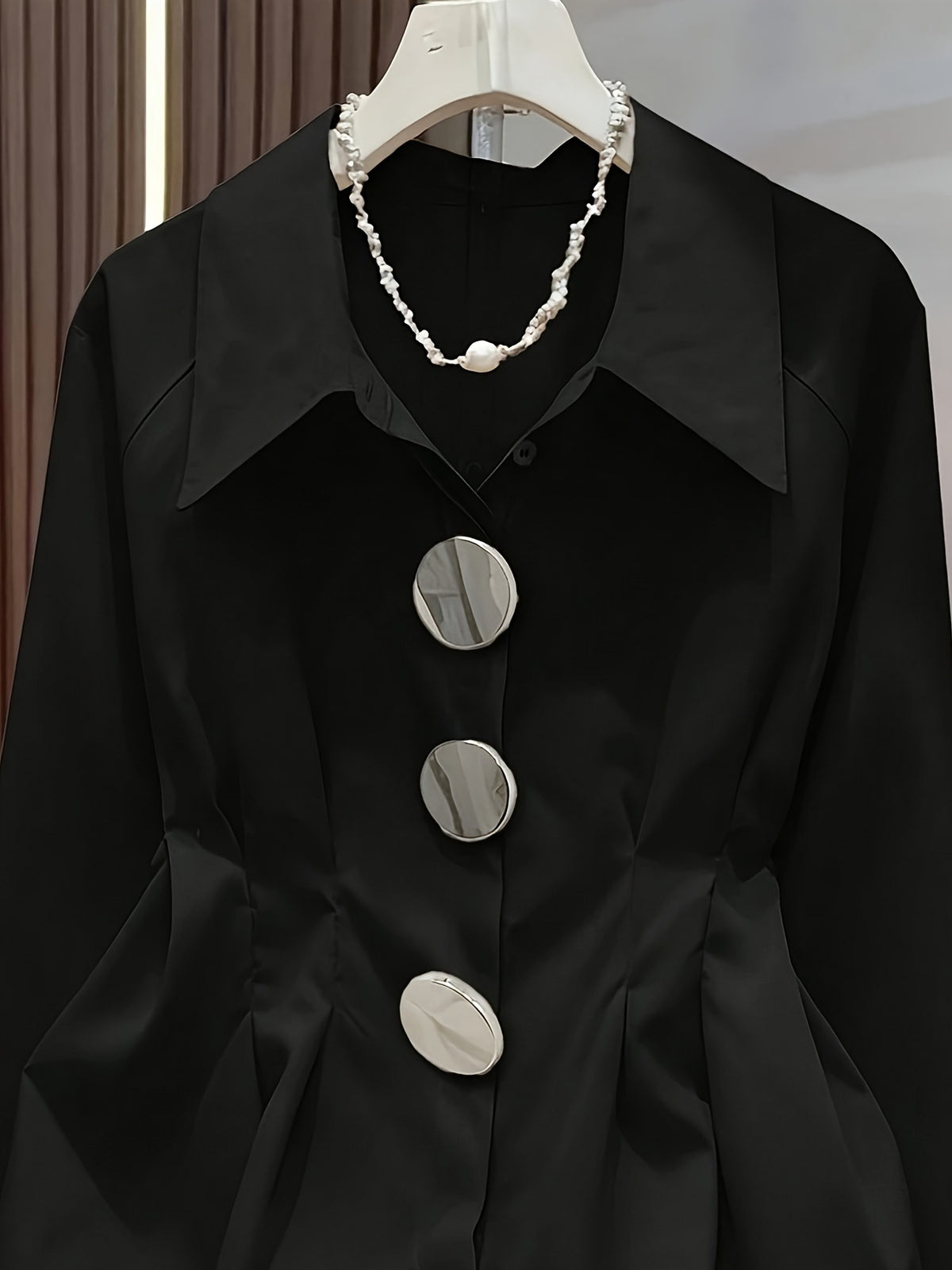 [WHOLESALE ONLY - CONTACT TO ORDER] Women's Heavyweight 75% Cotton Sculptural Big Silver Button Ruched Waist Long Sleeve Blouse (Midnight Black) [AW-355]