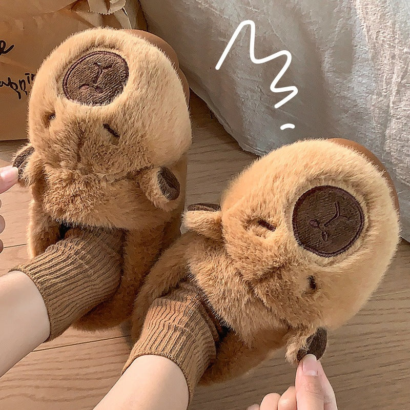 [WHOLESALE ONLY - CONTACT TO ORDER] Unisex 3D Cute Capybara Plush Fleece-Lined Non-Slip Platform Slippers (Warm Caramel Brown) [FM-134]