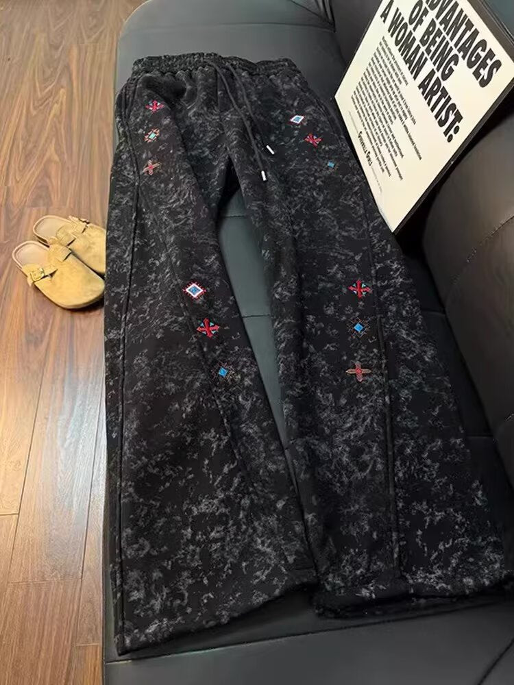 Men’s Flared Sweatpants, Streetwear Style, Tie-Dye Embroidery, Curved Leg Joggers, Spring Casual Pants[NA-017]
