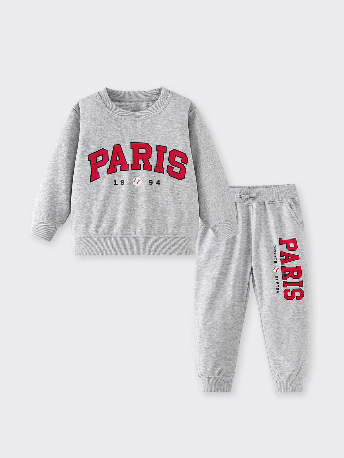 [WHOLESALE ONLY - CONTACT TO ORDER] Kids Unisex Cotton French Terry Paris Varsity Baseball Sweatsuit Set (Heather Grey) [KW-245]