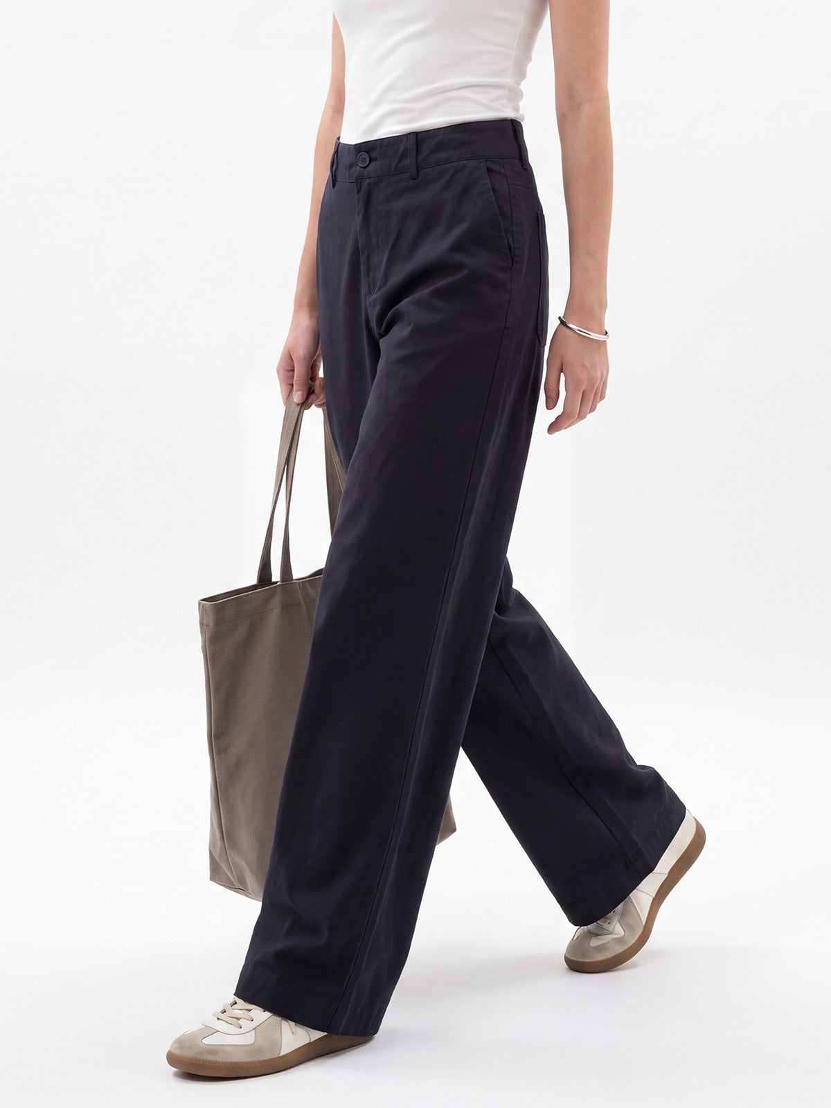 [WHOLESALE ONLY - CONTACT TO ORDER] Women's High-Rise Wide-Leg Cotton Chino Trousers with Belt Loops (Dark Charcoal Navy) - Catalog Display Only (Do Not Order Directly)