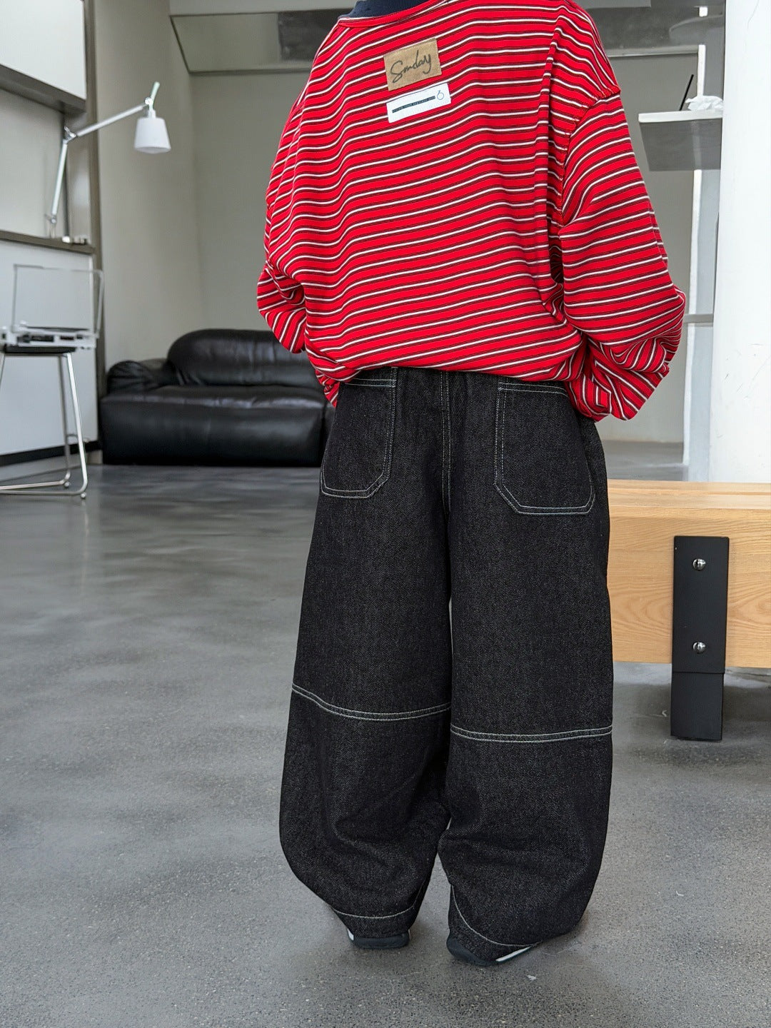 [WHOLESALE ONLY - CONTACT TO ORDER] Kids Unisex Baggy 85% Cotton Heavyweight Contrast Stitching Wide-Leg Denim Jeans (Washed Black) [KW-225]
