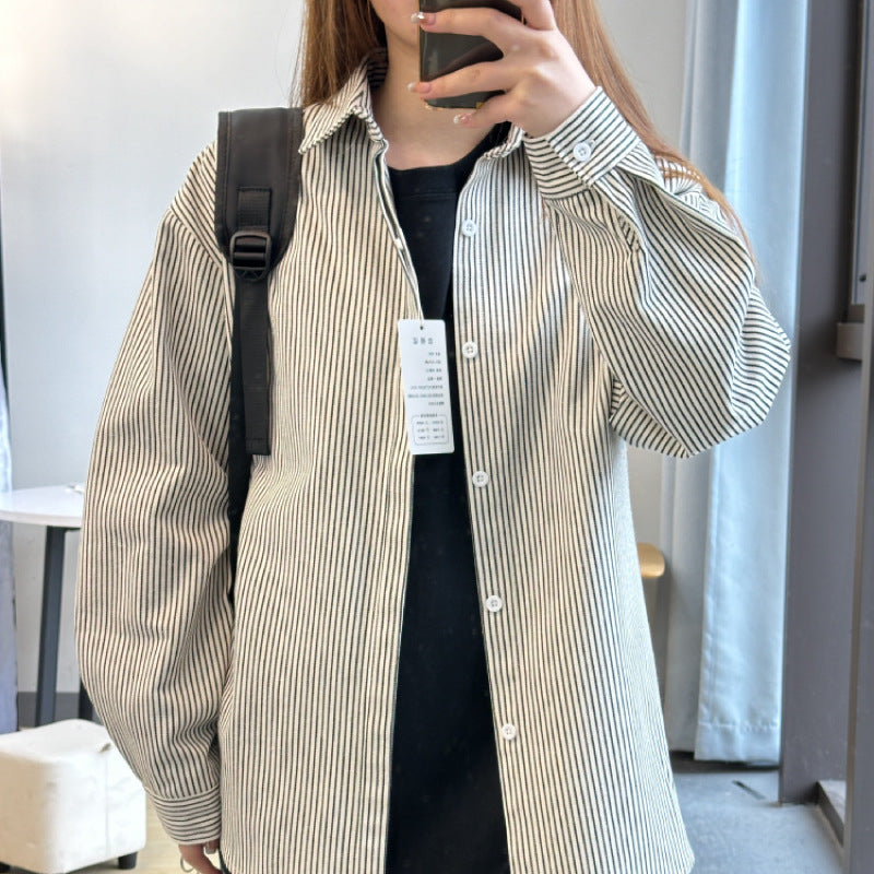 [WHOLESALE ONLY - CONTACT TO ORDER] Unisex Oversized Heavyweight 100% Cotton Long Sleeve Vertical Striped Button-Up Shirt (Black & White Stripe) [AW-433]