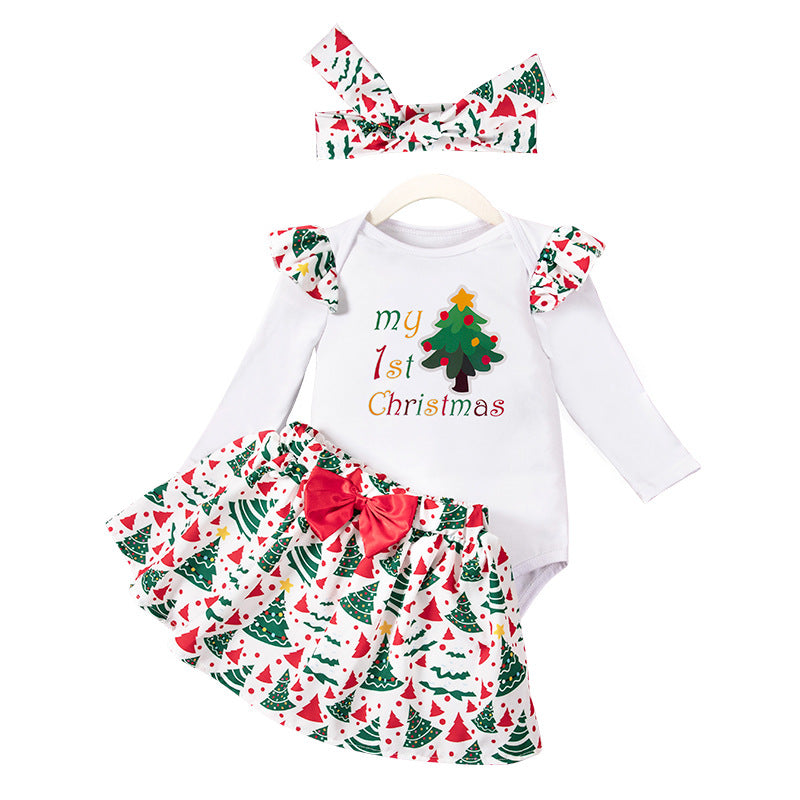 [WHOLESALE ONLY - CONTACT TO ORDER] Baby Girls 95% Combed Cotton Ruffle Long Sleeve "My 1st Christmas" Bodysuit & Christmas Tree Print Skirt 3-Piece Set with Headband (Festive White & Red) [KW-228]