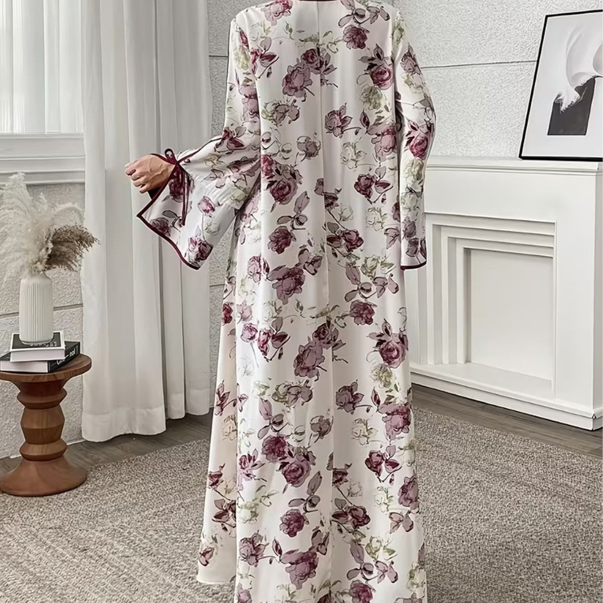 [WHOLESALE ONLY - CONTACT TO ORDER] Women's Modest Flowy Floral Print Split Bell Sleeve Tie-Neck Kaftan Maxi Dress (Mauve Rose Floral) [AW-402]