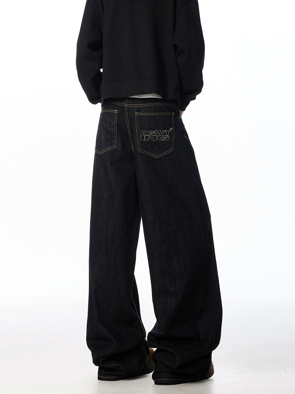[WHOLESALE ONLY - CONTACT TO ORDER] Men's Heavyweight 100% Cotton Loose Fit Raw Indigo Wide-Leg Skater Jeans with Back Pocket Embroidery (Charcoal Black) [AW-485]
