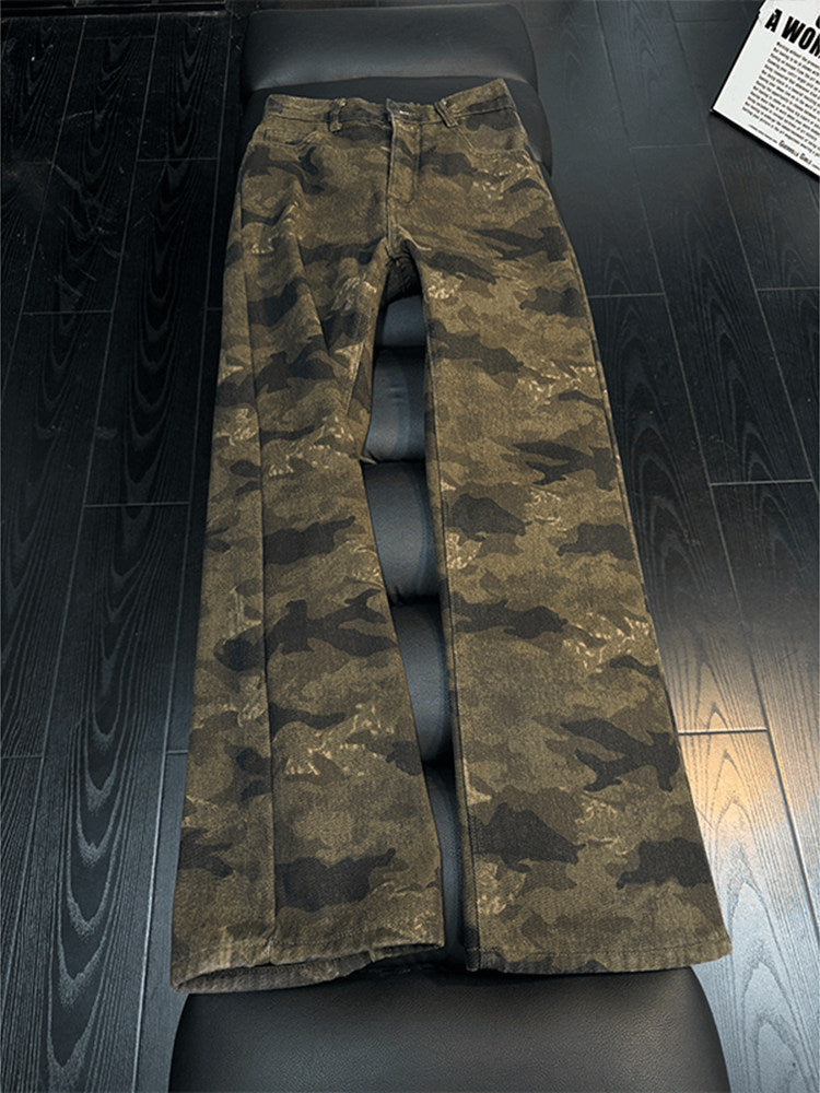 [WHOLESALE ONLY - CONTACT TO ORDER] Men's Heavyweight 100% Cotton Loose Fit Vintage Camo Wide-Leg Bootcut Flare Jeans (Distressed Olive) [AW-486]