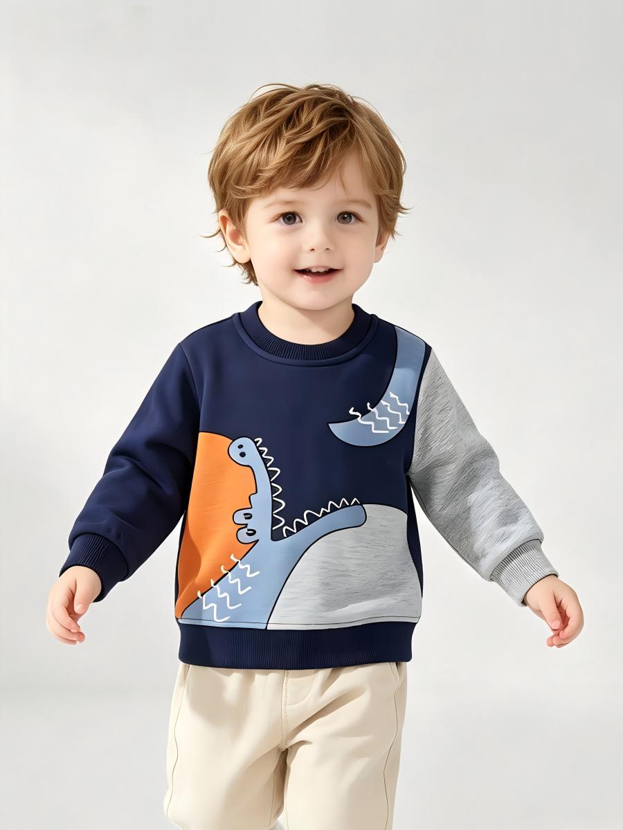 [WHOLESALE ONLY - CONTACT TO ORDER] Toddler & Boys Cotton French Terry Colorblock Dinosaur Graphic Sweatshirt (Navy/Heather Grey) [KW-238]