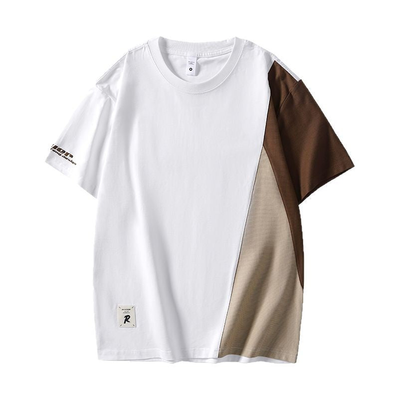 [WHOLESALE ONLY - CONTACT TO ORDER] Men's Heavyweight 100% Cotton Oversized Color-Block Short Sleeve T-Shirt with Asymmetrical Paneling (White Brown Khaki) [AW-465]