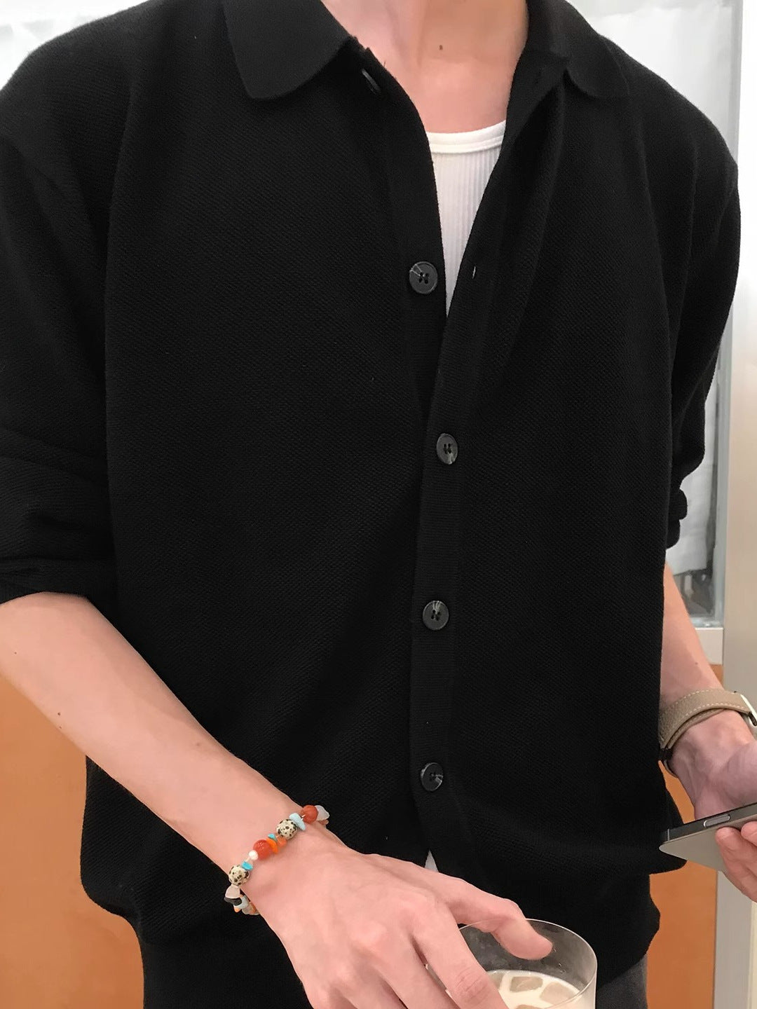 [WHOLESALE ONLY - CONTACT TO ORDER] Unisex Cotton Blend Relaxed Polo Collar Button-Down Knit Cardigan Jacket (Noir Black) [AW-495]