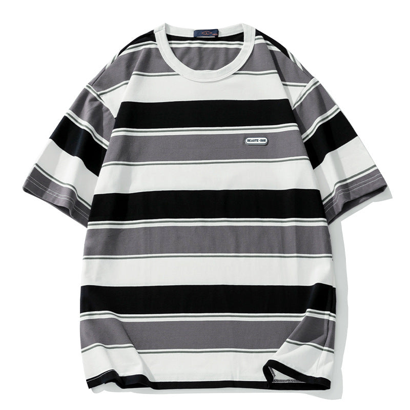 Men’s Colorblock Striped Tee – Retro Japanese Style Loose Fit Summer T-Shirt[NA-003]