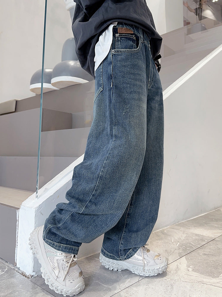 [WHOLESALE ONLY - CONTACT TO ORDER] Boys Heavyweight Cotton Baggy Wide-Leg Washed Denim Jeans with Contrast Back Pocket (Vintage Blue) [KW-258]