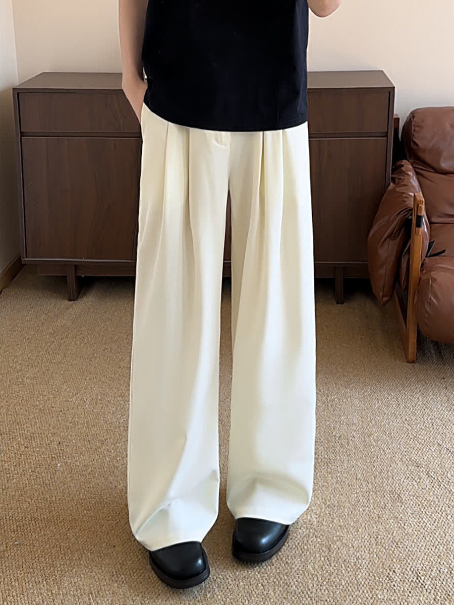 [WHOLESALE ONLY - CONTACT TO ORDER] Unisex Heavyweight 70% Cotton Double-Pleated High-Waist Wide-Leg Drape Trousers (Cream White) [AW-370]