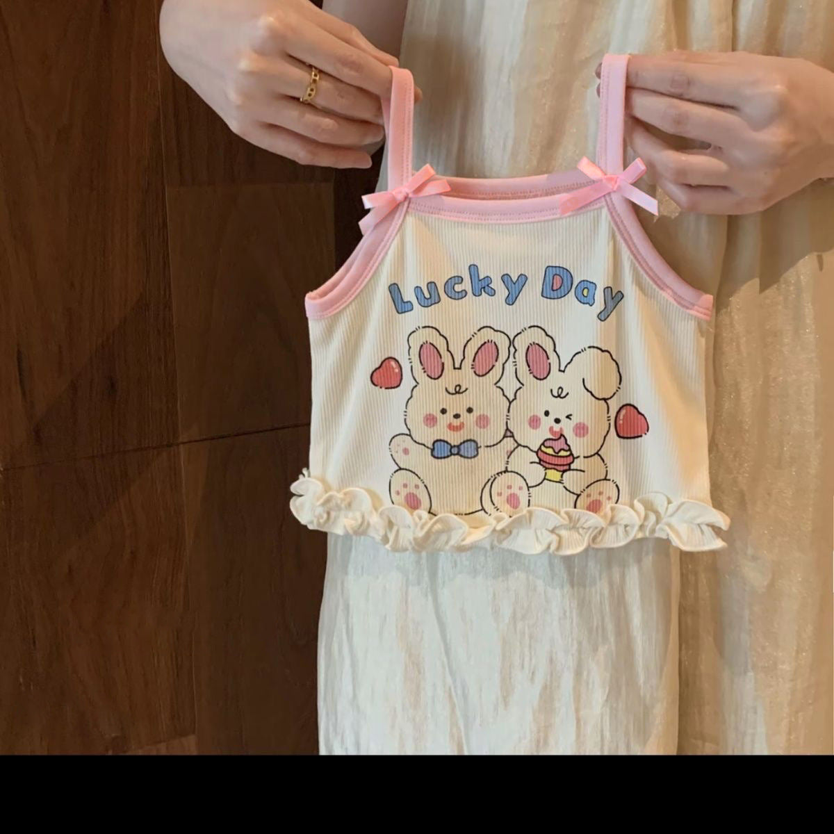 [WHOLESALE ONLY - CONTACT TO ORDER] Toddler & Girls Combed Cotton Ribbed Bunny Camisole Top & Floral Bloomer Shorts 2-Piece Set (Ivory/Blush Pink) [KW-273]