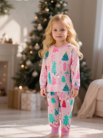 [WHOLESALE ONLY - CONTACT TO ORDER] Toddler & Girls Combed Cotton Pink Christmas Tree Winter Pajama Set (Pastel Pink/Lavender) [KW-235]