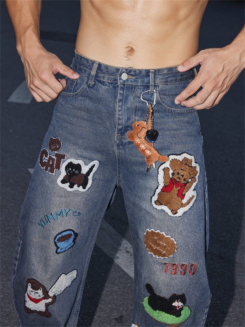 Washed Streetwear Cartoon Charm Loose Wide-Leg Jeans[DROP3-023]