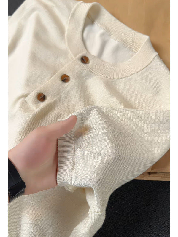 [WHOLESALE ONLY - CONTACT TO ORDER] Unisex Heavyweight 70% Cotton Short Sleeve Ribbed Henley Knit Sweater (Oatmeal Cream) [AW-375]