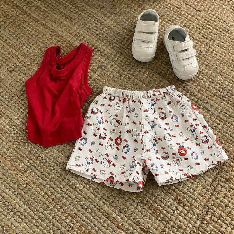 [WHOLESALE ONLY - CONTACT TO ORDER] Toddler & Girls Combed Cotton Ribbed Tank Top & Cartoon Kitty Print Shorts 2-Piece Set (Crimson Red/Cream) [KW-274]