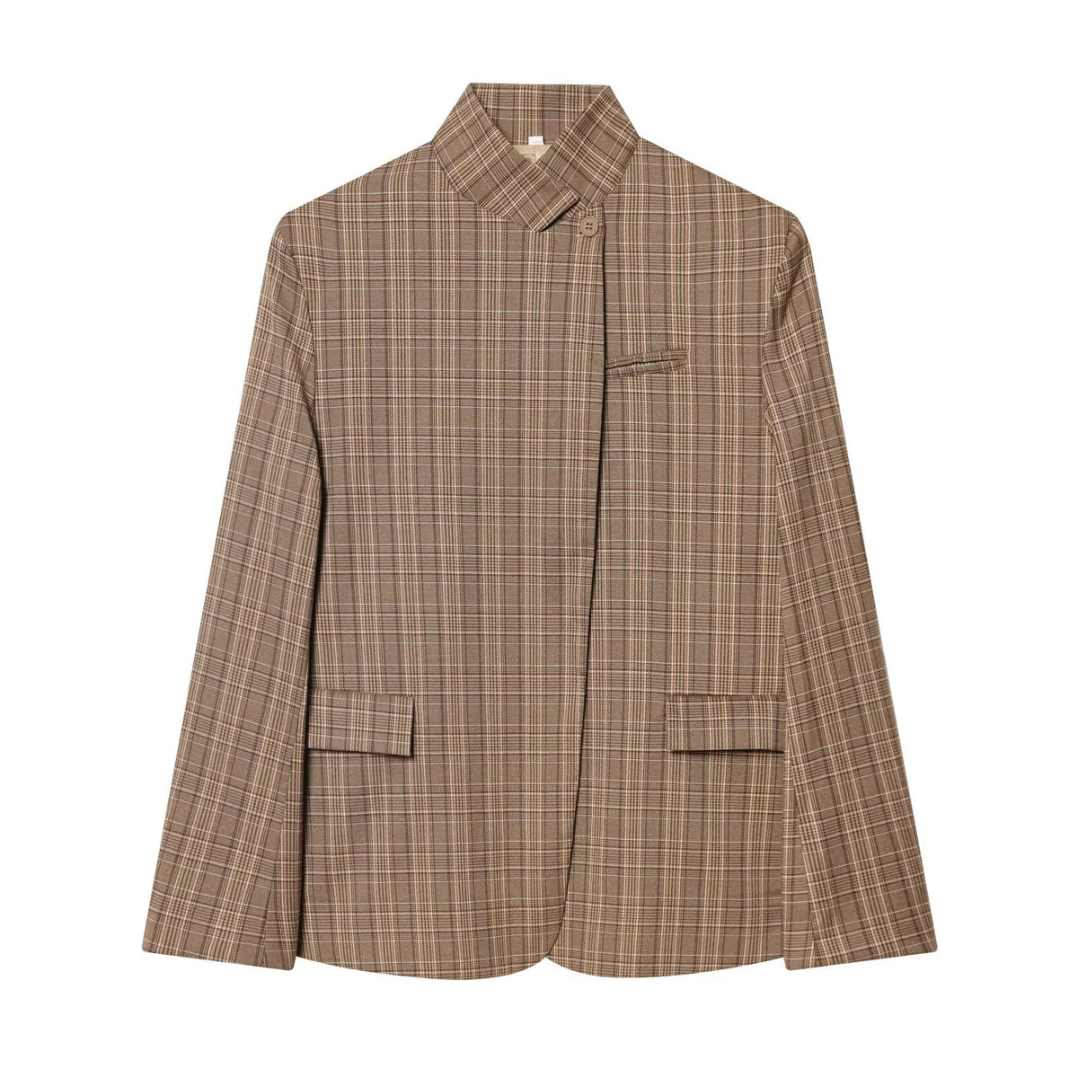 [WHOLESALE ONLY - CONTACT TO ORDER] Women's Mandarin Collar Asymmetrical Plaid Cotton Blend Blazer Jacket with Flap Pockets (Camel Plaid) [AW-455]