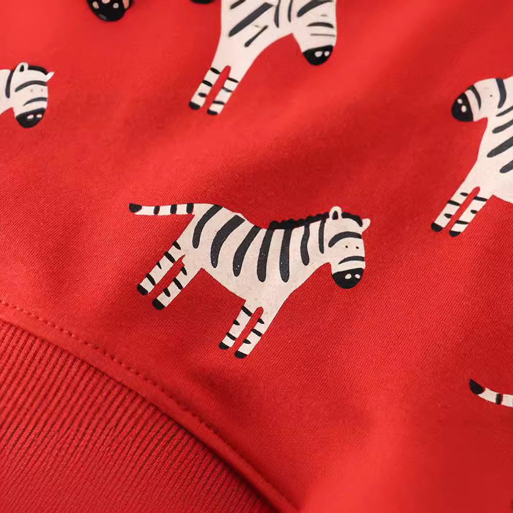 [WHOLESALE ONLY - CONTACT TO ORDER] Kids Unisex Heavyweight 80% Cotton French Terry Zebra All-Over Print Crewneck Sweatshirt (Festive Red) [KW-178]