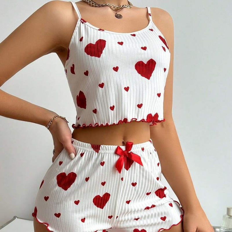 [WHOLESALE ONLY - CONTACT TO ORDER] Women's 70% Combed Cotton Rib-Knit Lettuce Trim Cami Top & Shorts Pajama Set (White Red Hearts) [AW-406]
