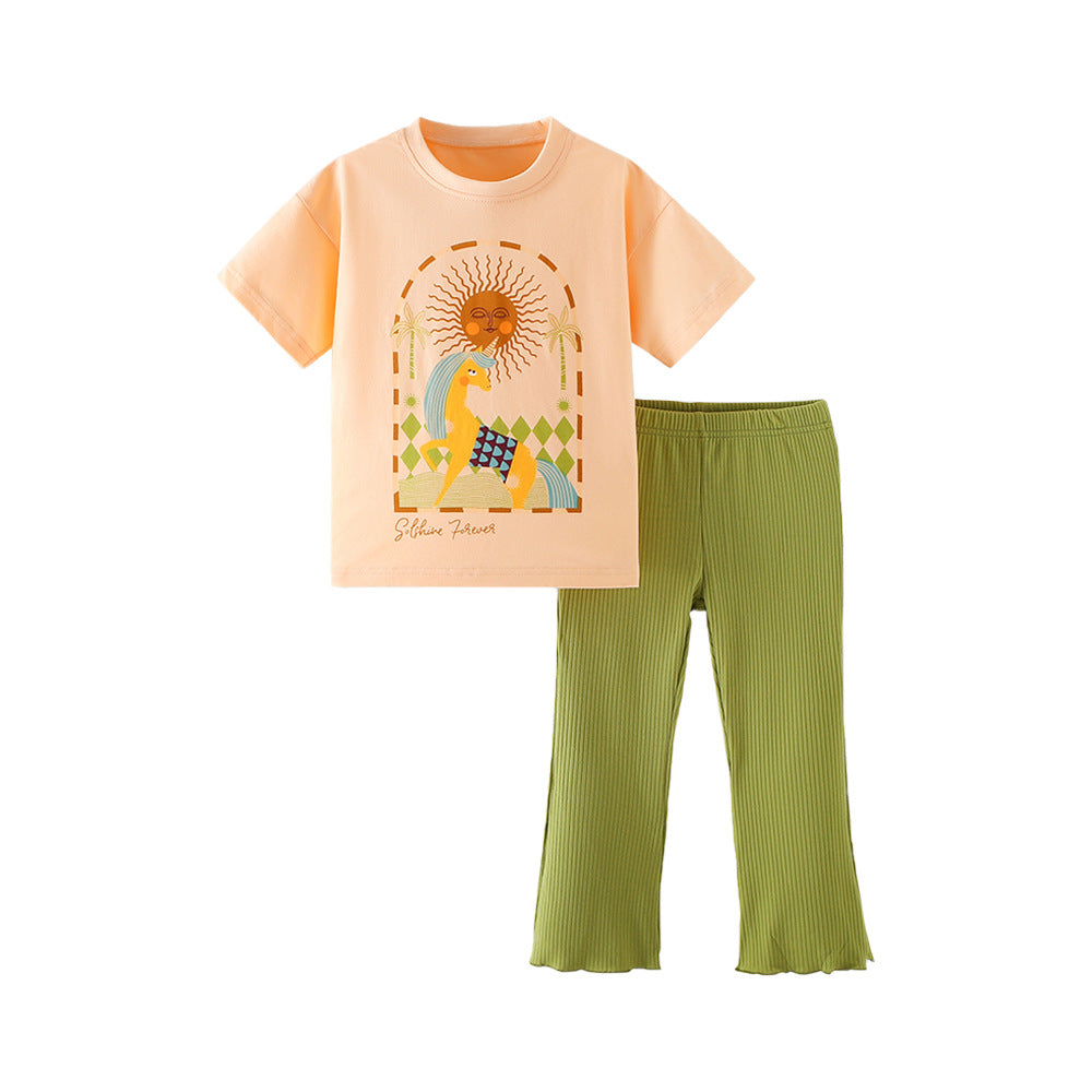 [WHOLESALE ONLY - CONTACT TO ORDER] Toddler & Girls Combed Cotton Bohemian Unicorn T-Shirt & Ribbed Flare Pants 2-Piece Set (Peach/Avocado Green) [KW-250]