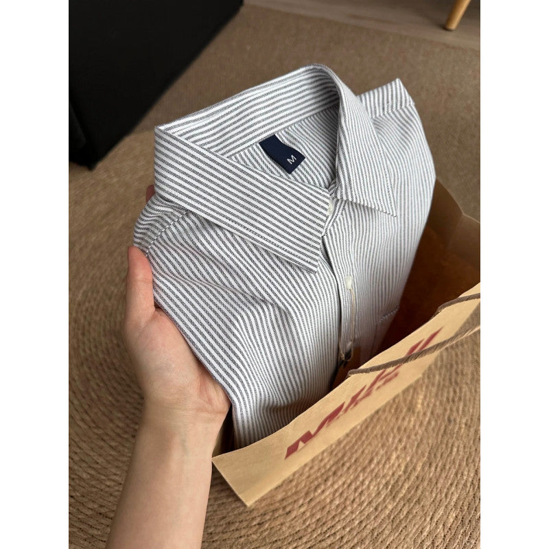 [WHOLESALE ONLY - CONTACT TO ORDER] Unisex Relaxed Fit 100% Combed Cotton Striped Long Sleeve Button-Down Oxford Shirt with Chest Pocket (Grey & White) [AW-273]