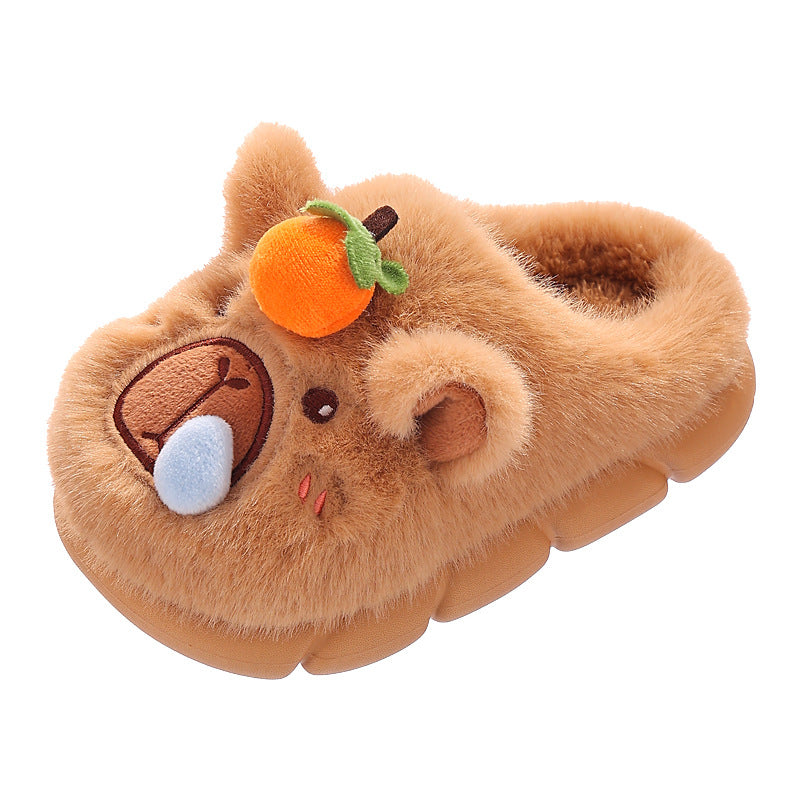 [WHOLESALE ONLY - CONTACT TO ORDER] Unisex 3D Cute Capybara with Orange & Snot Bubble Plush Platform Slippers (Warm Caramel Brown) [FM-137]