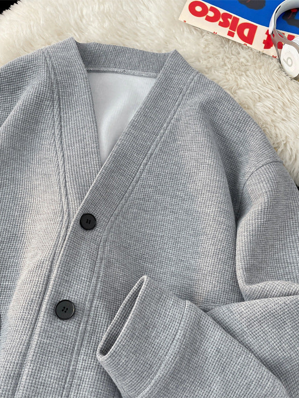 [WHOLESALE ONLY - CONTACT TO ORDER] Men's Korean Clean Fit Heavyweight Waffle Knit V-Neck Button-Up Cardigan (Heather Grey Melange) [AW-338]