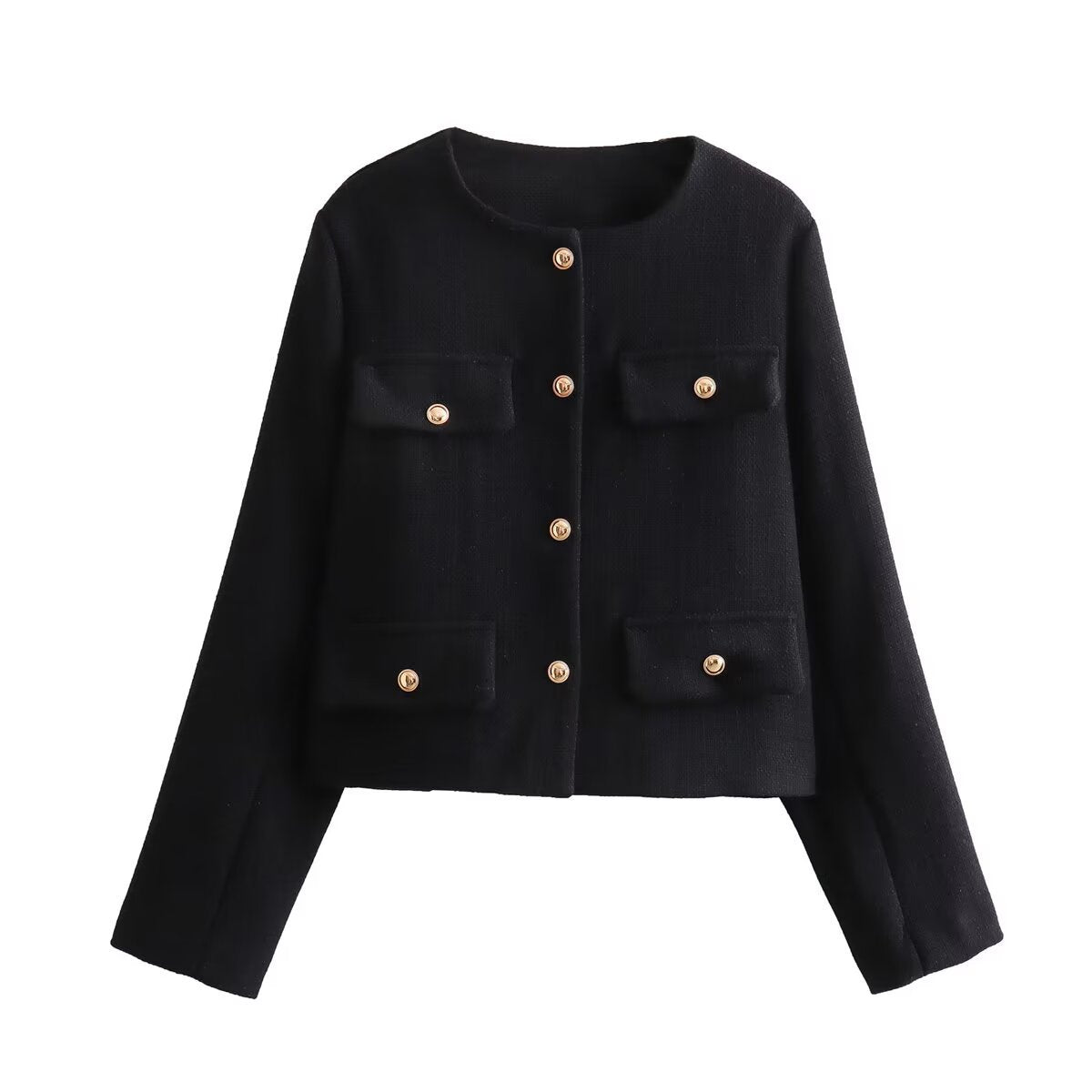 [WHOLESALE ONLY - CONTACT TO ORDER] Women's Elegant Cropped Cotton Blend Textured Tweed Jacket with Four Flap Pockets and Gold Buttons (Black) [AW-446]