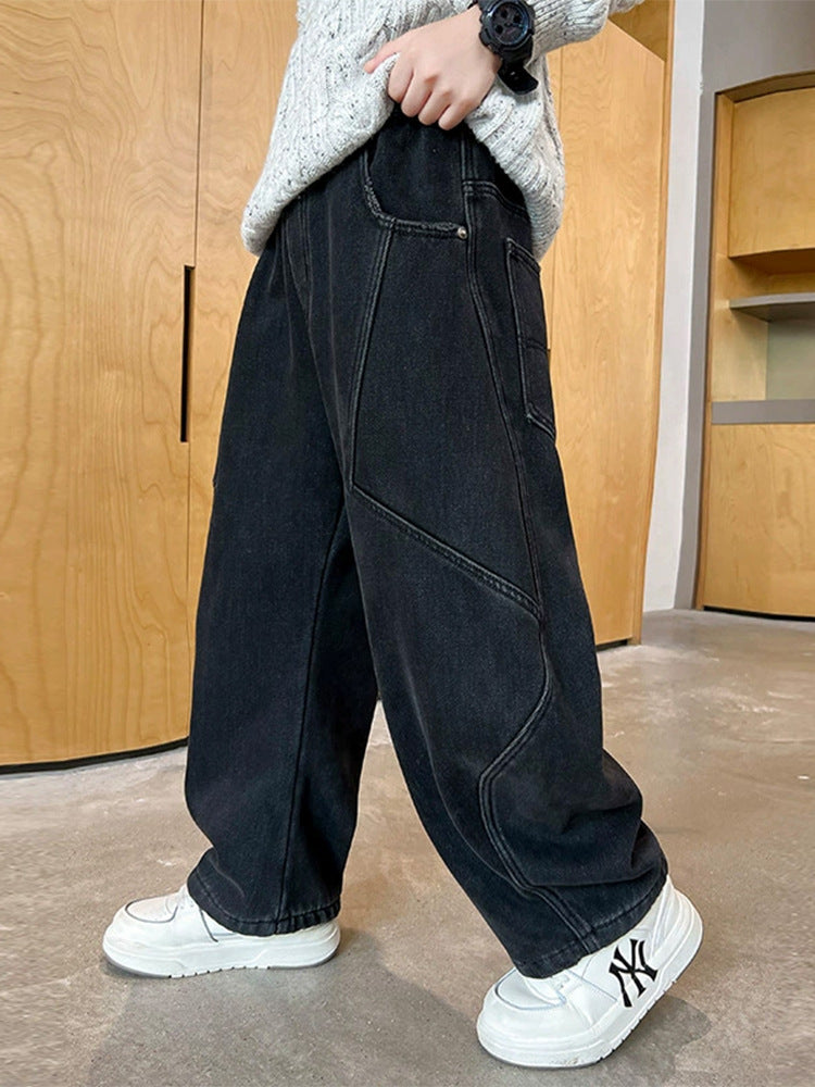 [WHOLESALE ONLY - CONTACT TO ORDER] Kids Unisex Relaxed Fit 85% Cotton Washed Black Denim Wide-Leg Baggy Jeans with Curved Seam Cargo Pockets [KW-179]