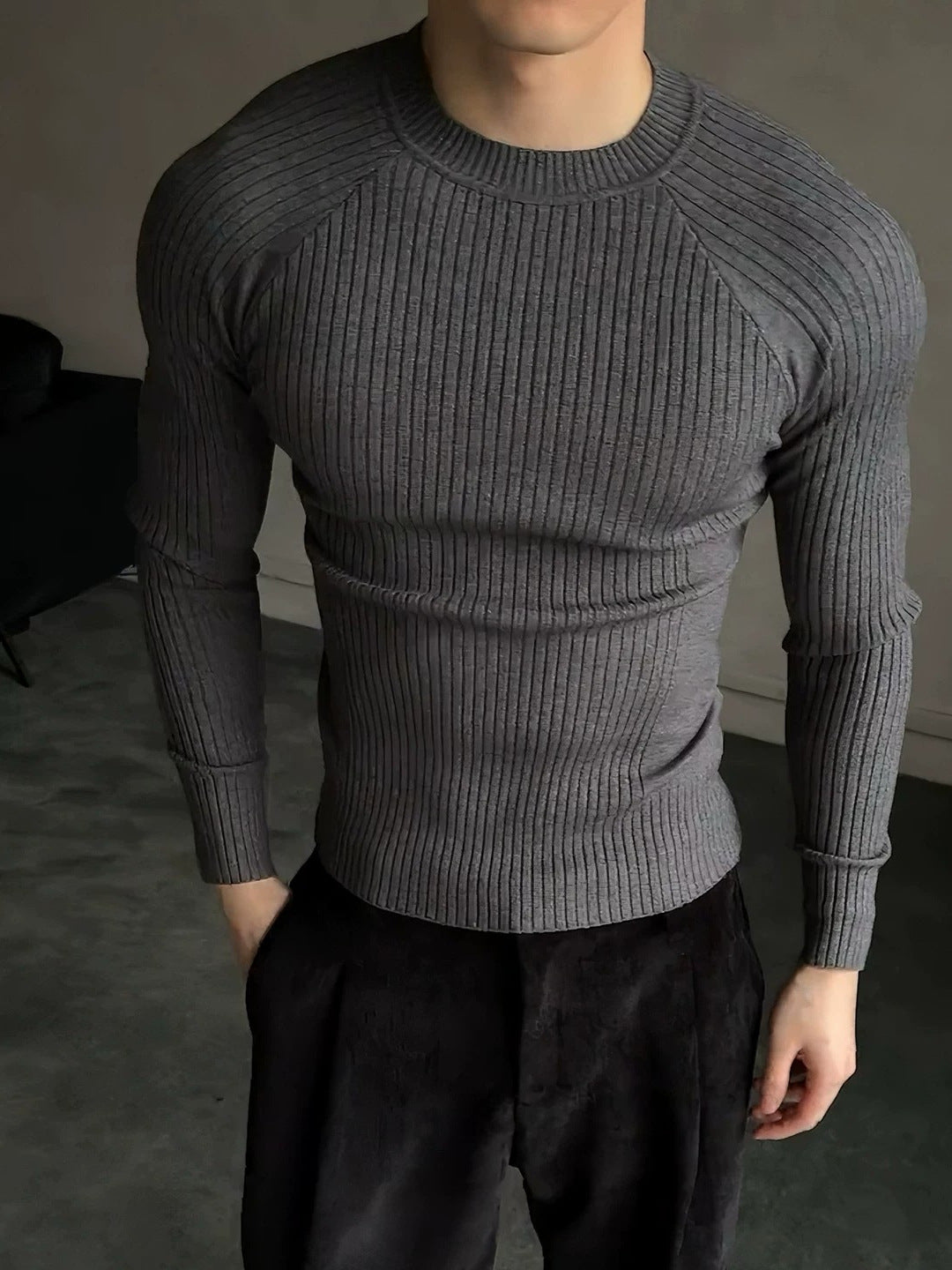 [WHOLESALE ONLY - CONTACT TO ORDER] Men's Muscle Slim Fit High-Stretch Cotton Blend Ribbed Raglan Long Sleeve Knit Sweater (Charcoal Heather Grey) [AW-293]