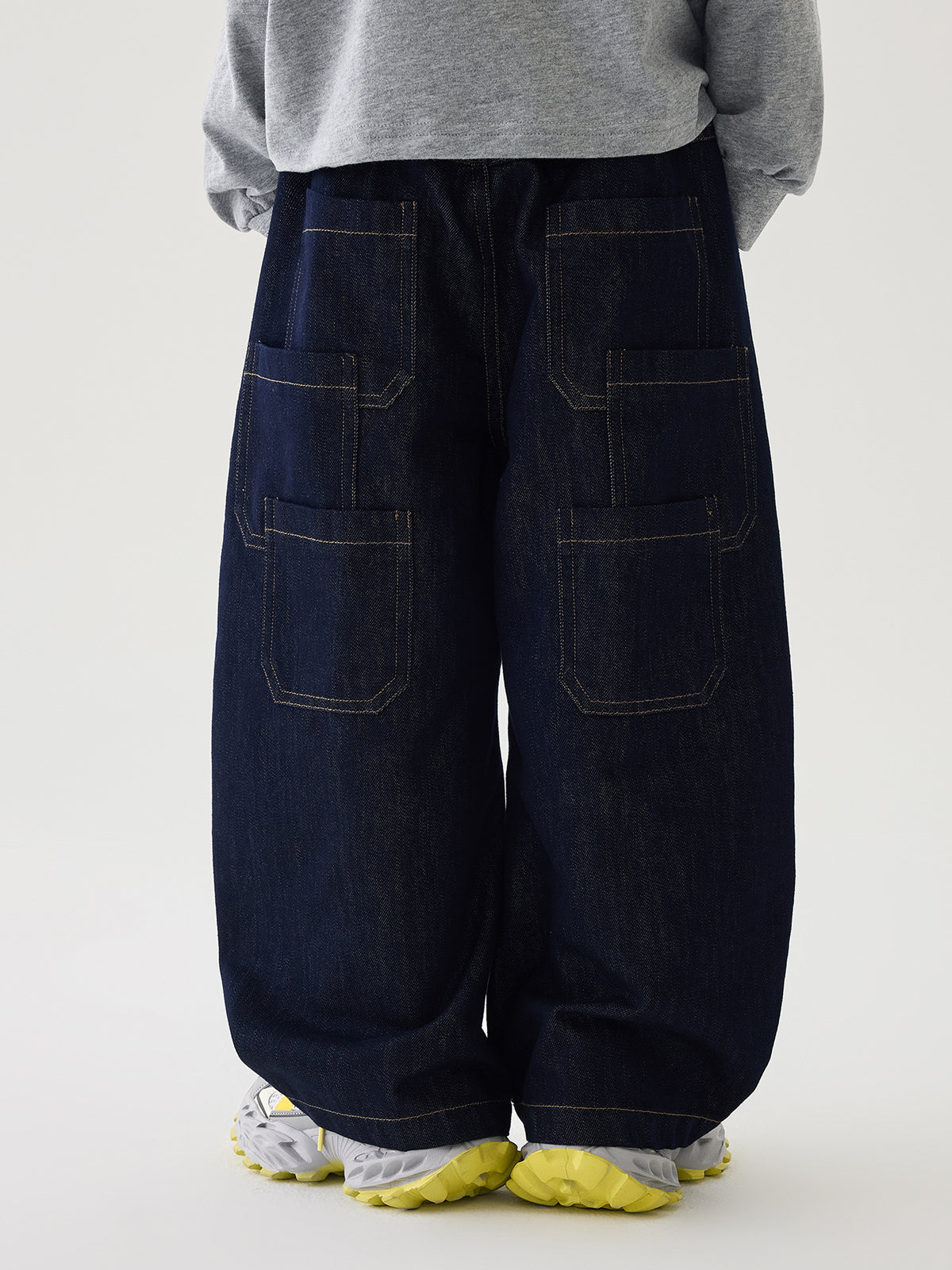 [WHOLESALE ONLY - CONTACT TO ORDER] Kids Unisex Raw Indigo Barrel Balloon Fit 100% Cotton Denim Jeans with Doodle Embroidery (Deep Indigo) [KW-193]