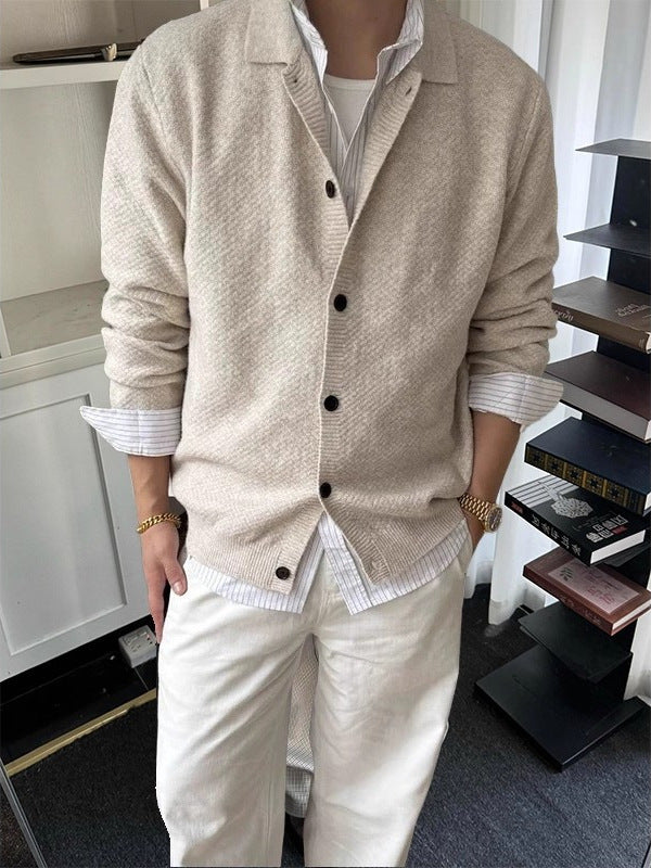 [WHOLESALE ONLY - CONTACT TO ORDER] Unisex Cotton Blend Relaxed Polo Collar Button-Down Knit Cardigan Jacket (Oatmeal Heather) [AW-501]