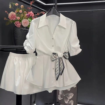 [WHOLESALE ONLY - CONTACT TO ORDER] Women's Heavyweight 80% Cotton Scarf Belted Puff Sleeve Peplum Shirt & Skirt 2-Piece Set (Ivory White) [AW-357]