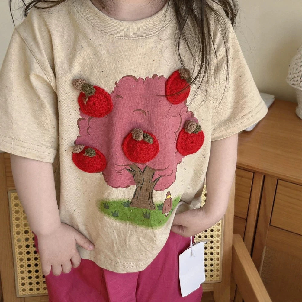 [WHOLESALE ONLY - CONTACT TO ORDER] Toddler Girls Relaxed Fit 95% Cotton 3D Crochet Apple Graphic T-Shirt and Wide-Leg Culotte Pants Set (Oatmeal & Hot Pink) [KW-174]