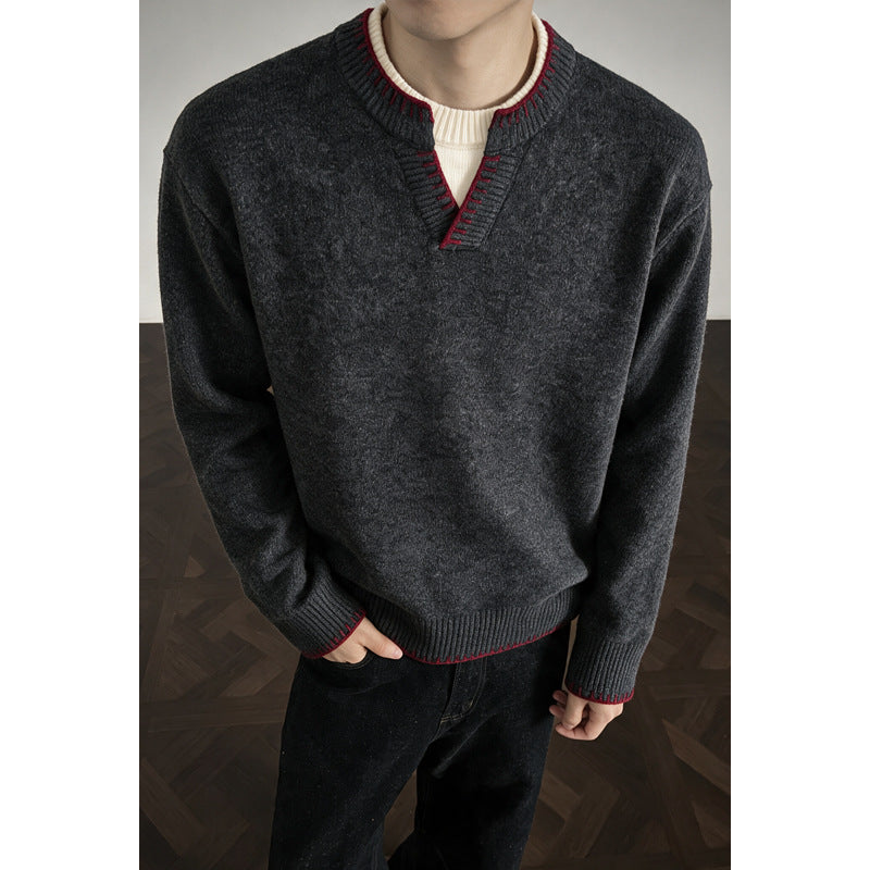[WHOLESALE ONLY - CONTACT TO ORDER] Unisex Oversized 70% Combed Cotton Heavyweight Layered Notch Neck Knit Sweater with Contrast Stitching (Charcoal Grey) [AW-401]
