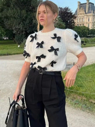 [WHOLESALE ONLY - CONTACT TO ORDER] Women's French Chic Puff Sleeve Cotton Blend Knit Top with 3D Black Satin Bows (Cream Ivory) [AW-469]