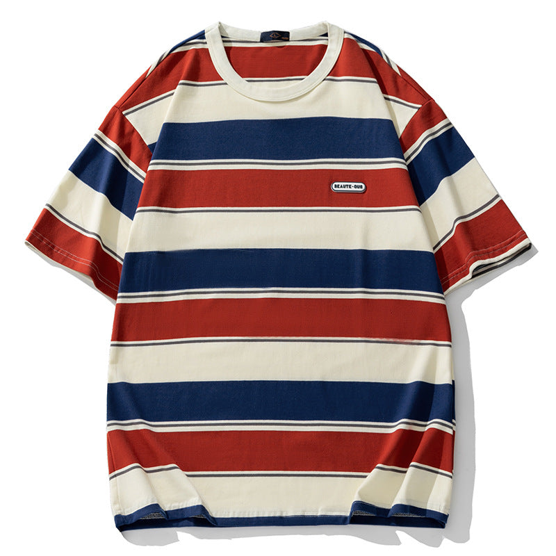 Men’s Colorblock Striped Tee – Retro Japanese Style Loose Fit Summer T-Shirt[NA-003]