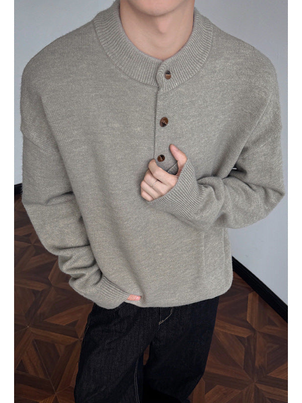 [WHOLESALE ONLY - CONTACT TO ORDER] Unisex Heavyweight 65% Cotton Ribbed Henley Collar Relaxed Knit Sweater (Heather Sage Grey) [AW-372]