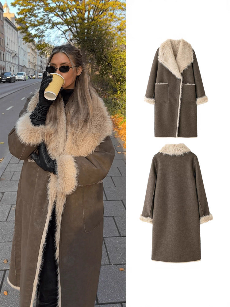 [WHOLESALE ONLY - CONTACT TO ORDER] Women's Vintage 70s Longline Cotton Blend Faux Suede Shearling Coat with Plush Fur Trim Collar (Taupe Brown) [AW-452]