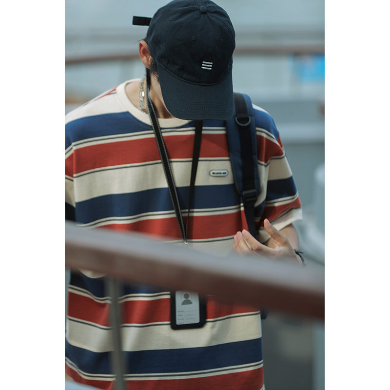 Men’s Colorblock Striped Tee – Retro Japanese Style Loose Fit Summer T-Shirt[NA-003]