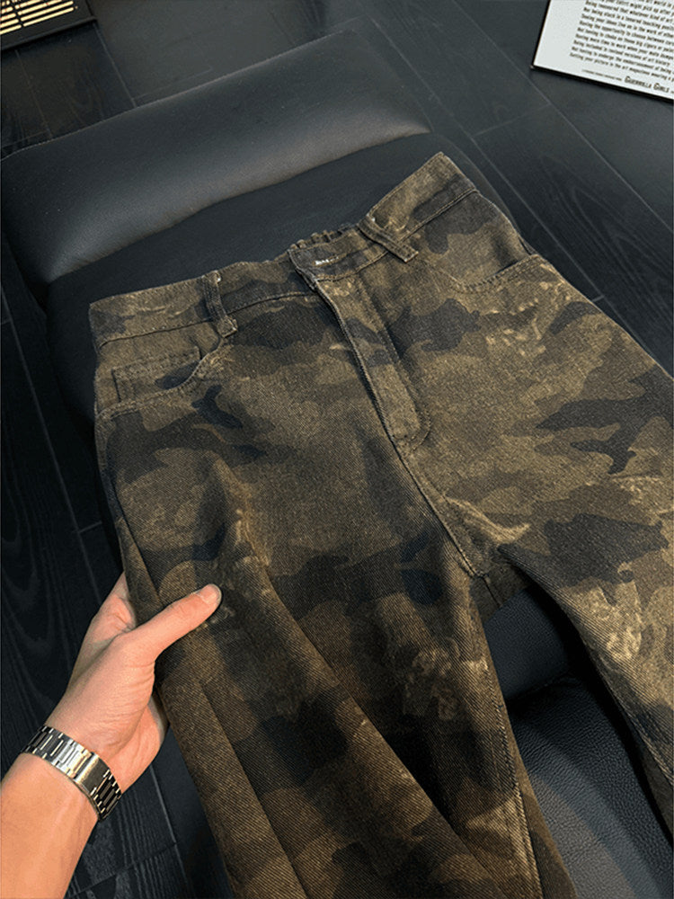 [WHOLESALE ONLY - CONTACT TO ORDER] Men's Heavyweight 100% Cotton Loose Fit Vintage Camo Wide-Leg Bootcut Flare Jeans (Distressed Olive) [AW-486]