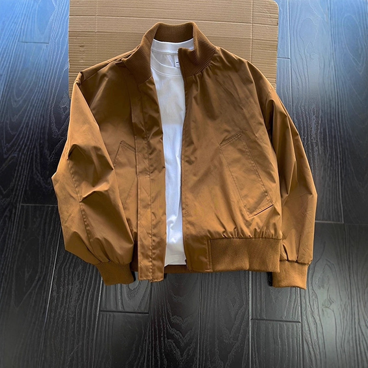 [WHOLESALE ONLY - CONTACT TO ORDER] Unisex Relaxed Fit Heavyweight 100% Cotton Twill Rib-Collar Zip-Up Harrington Jacket (Caramel Brown) [AW-282]