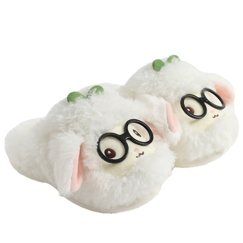 [WHOLESALE ONLY - CONTACT TO ORDER] Cute 3D Glasses Lamb with Green Sprout Plush Fuzzy Winter House Slippers (Cloud White) [FM-132]