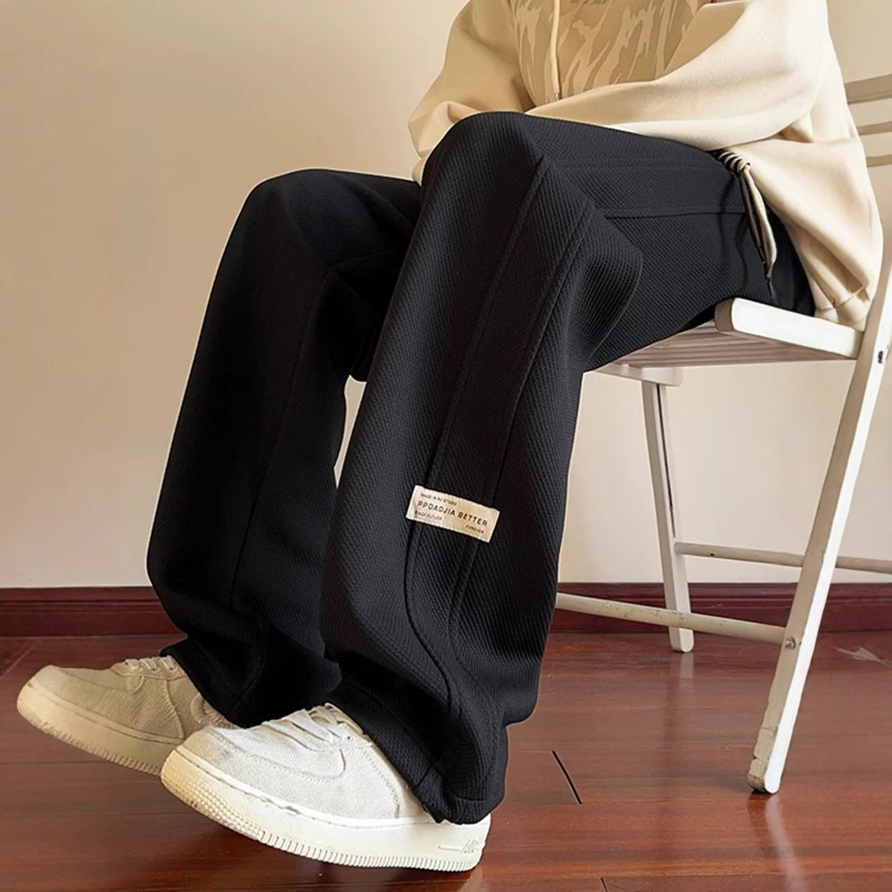 [WHOLESALE ONLY - CONTACT TO ORDER] Men's Waffle Textured Wide-Leg Baggy Sweatpants with Double Side Stripes & Drawstring (Cream White) [AW-149]
