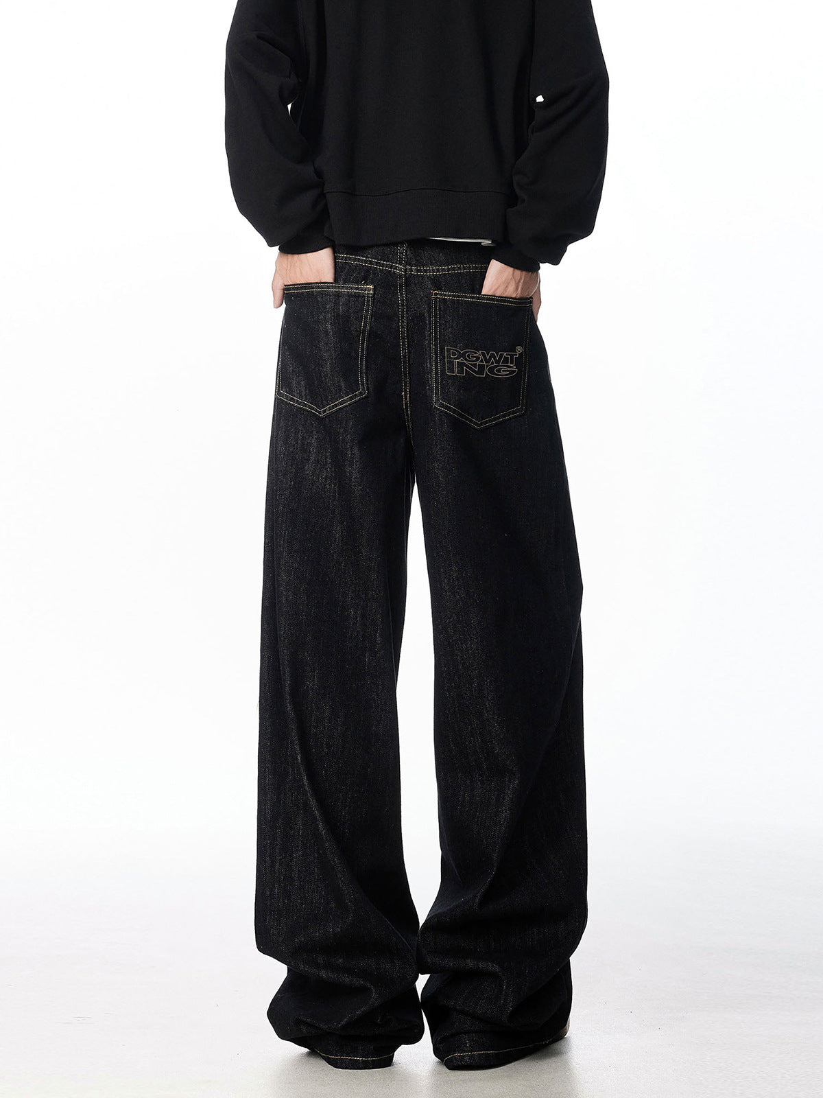 [WHOLESALE ONLY - CONTACT TO ORDER] Men's Heavyweight 100% Cotton Loose Fit Raw Indigo Wide-Leg Skater Jeans with Back Pocket Embroidery (Charcoal Black) [AW-485]